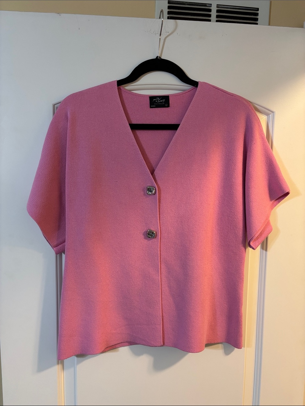Short-Sleeve Pink V-Neck Button Front Knit Top